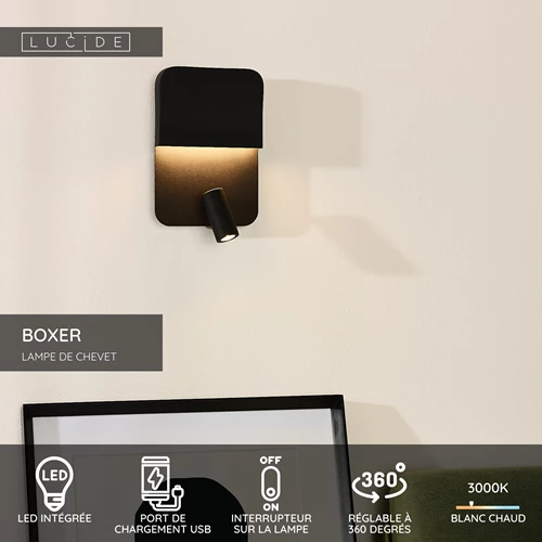 Lucide BOXER - Lampe de chevet / Applique mural - LED - 3000K - Point de rechargement USB - Noir - USP